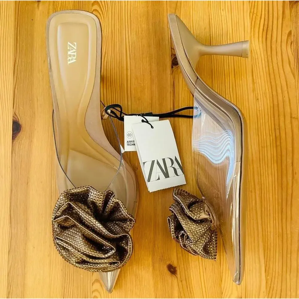 ZARA Floral Rosette Mule Heels NWT Pointed Toe Nude Vinyl Pumps Size 7.5 - Picture 9 of 16